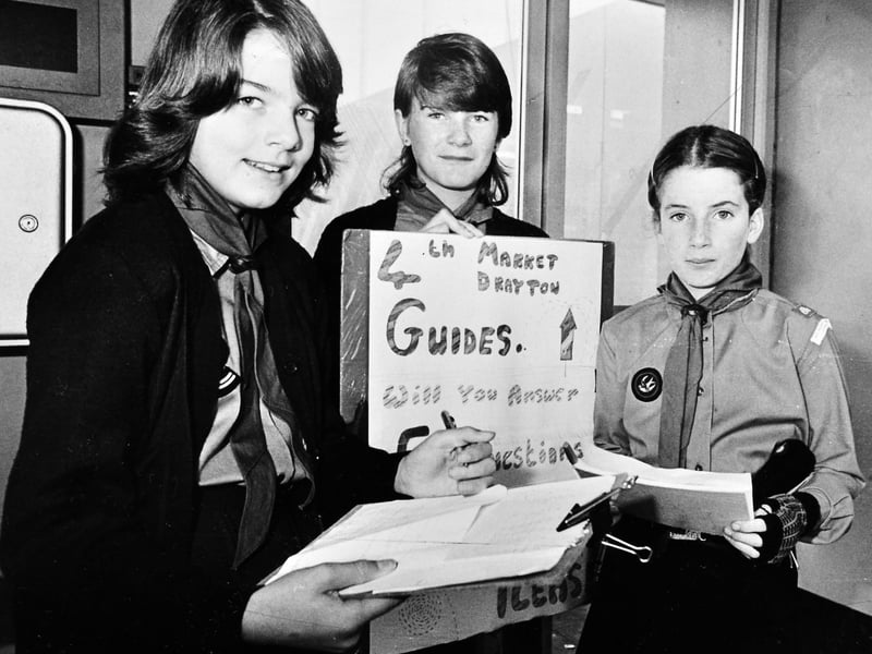 Members of the 4th Market Drayton Guides pictured in October 1986 as they carry out a survey on public views about fireworks, hoping to feature their findings in a guiding magazine. Out and about in the town with questionnaires are Claire Marshall, Sasha Talbot and Lyn Haynes. 