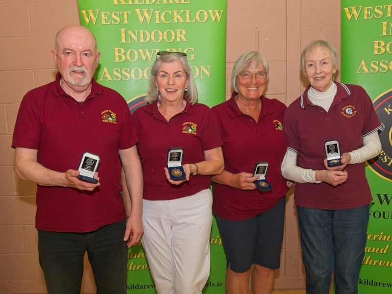 3rd place in the Ned Byrne Shield: John Kelly, Nellie Travers, Anne Connolly and Marie Kelleher of Prosperous Bowls Club, at the Kildare West Wicklow Indoor Bowling Association Annual Awards Presentations 2026, Sunday, May 24, at Rathcoffey GAA Centre