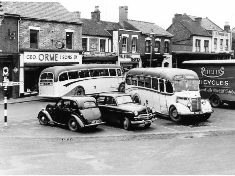 An early 1960s street scene in Oakengates, capturing Smiths buses. The distinctive “bone shaker” bus recall an earlier era of travel, while a Jervis coach can be seen in the background. Shared by Bob Hanley after being rediscovered online.