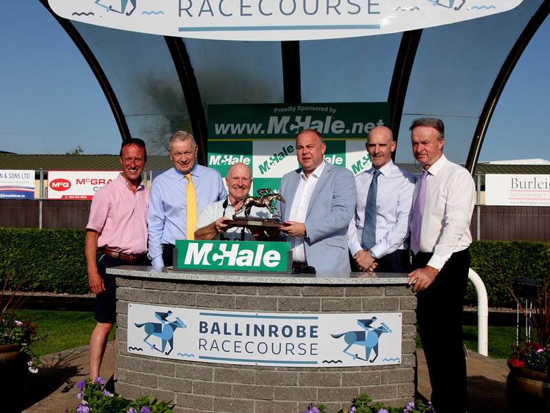 At Ballinrobe Races,winner of The McHale Mayo National Handicap Steeplechase of 100,000euro was Native Speaker:Left to right: Robert Power(Assistant to Henry de Bromhead) , Ger Geraghty(Race Committee), Patrick McHale(Owner), Paul McHale(McHale:Sponsors), Peter Staunton(Race Committee), John Flannelly (Racecourse Manager).  