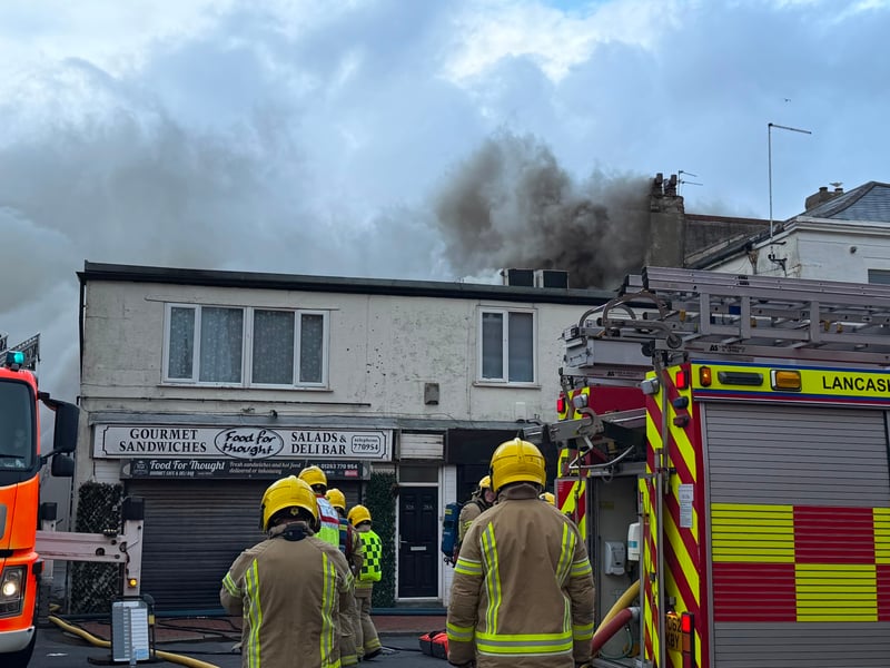 Firefighters are responding to a major fire at the former Ex Catalogue store and M&S in Lord Street, Fleetwood. Huge flames and thick black smoke can be seen billowing across the town