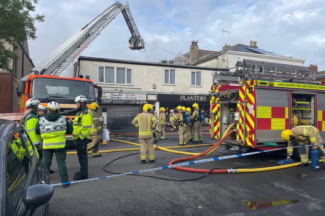 Firefighters are responding to a major fire at the former Ex Catalogue store and M&S in Lord Street, Fleetwood. Huge flames and thick black smoke can be seen billowing across the town