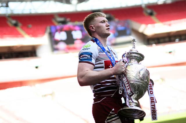 Zach Eckersley celebrates Wigan Warriors' Challenge Cup win at Wembley