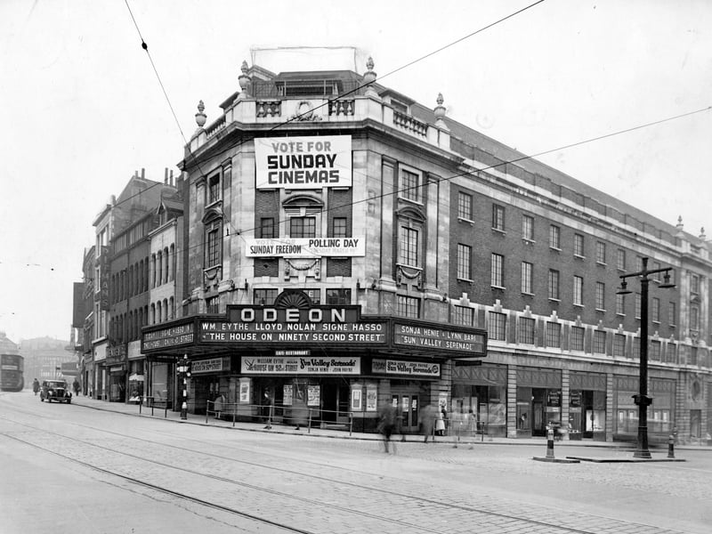 The Odeon cinema at the corner of The Headrow and New Briggate. 'The House on 92nd Street' was showing and there was a campaign to vote for Sunday Cinemas. Pictured in March 1946.