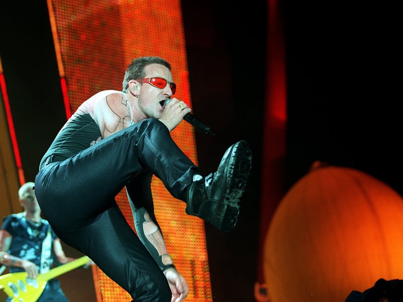 Lead singer of  super group U2, Bono pictured during their concert at Roundhay Park.