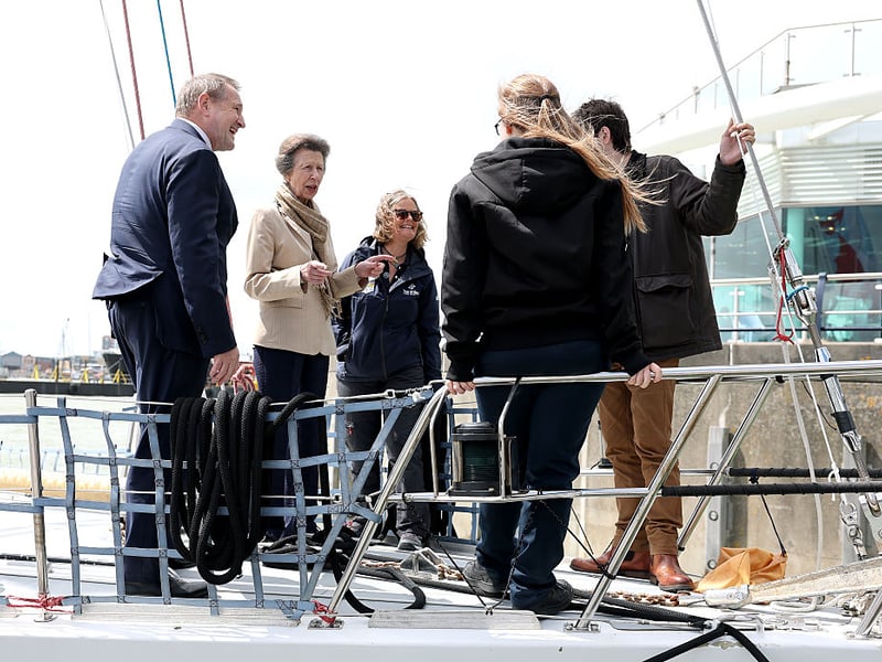 PORTSMOUTH, ENGLAND - JUNE 04: Princess Anne, Princess Royal chats to young crew during a visit to Tall Ships Youth Trust at Gunwharf Quays Marina on June 04, 2026 in Portsmouth. (Photo by Chris Jackson/Getty Images for Tall Ships Youth Trust)
