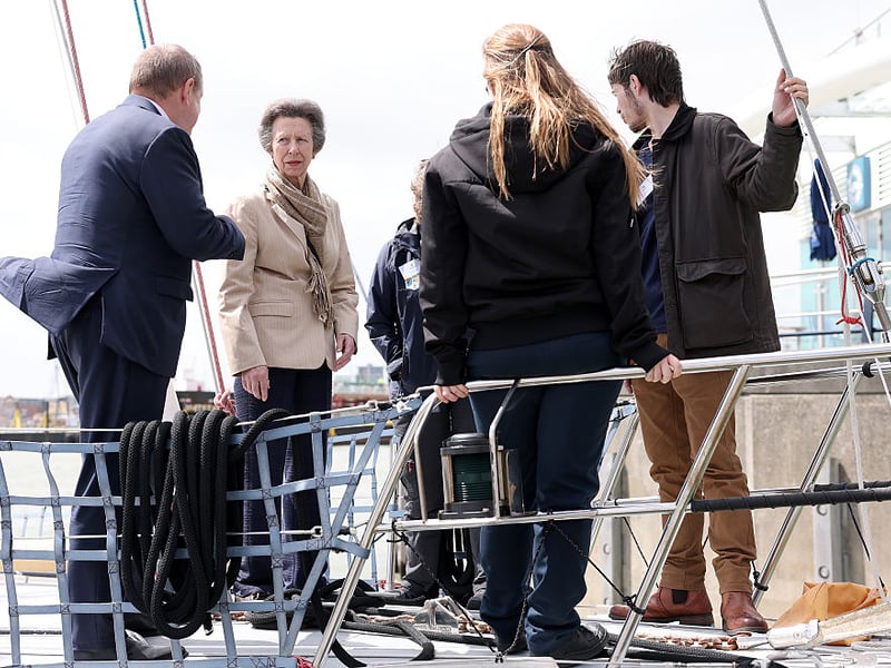 Princess Anne, Princess Royal chats with CEO Alastair Floyd during a visit to Tall Ships Youth Trust at Gunwharf Quays Marina on June 04, 2026 in Portsmouth. (Photo by Chris Jackson/Getty Images for Tall Ships Youth Trust)