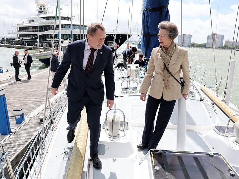 Princess Anne, Princess Royal chats with CEO Alastair Floyd during a visit to Tall Ships Youth Trust at Gunwharf Quays Marina on June 04, 2026 in Portsmouth.  (Photo by Chris Jackson/Getty Images for Tall Ships Youth Trust)