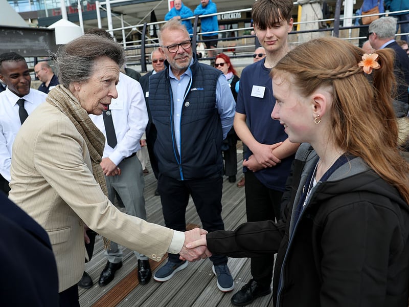 Princess Anne, Princess Royal chats to young crew during a visit to Tall Ships Youth Trust at Gunwharf Quays Marina on June 04, 2026 in Portsmouth. (Photo by Chris Jackson/Getty Images for Tall Ships Youth Trust)