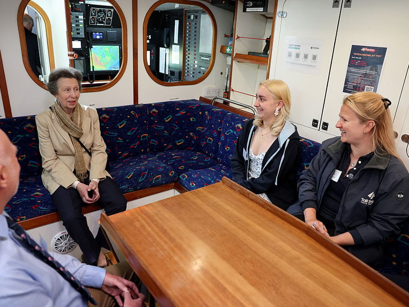 Princess Anne, Princess Royal chats to young crew during a visit to Tall Ships Youth Trust at Gunwharf Quays Marina on June 04, 2026 in Portsmouth.  (Photo by Chris Jackson/Getty Images for Tall Ships Youth Trust)