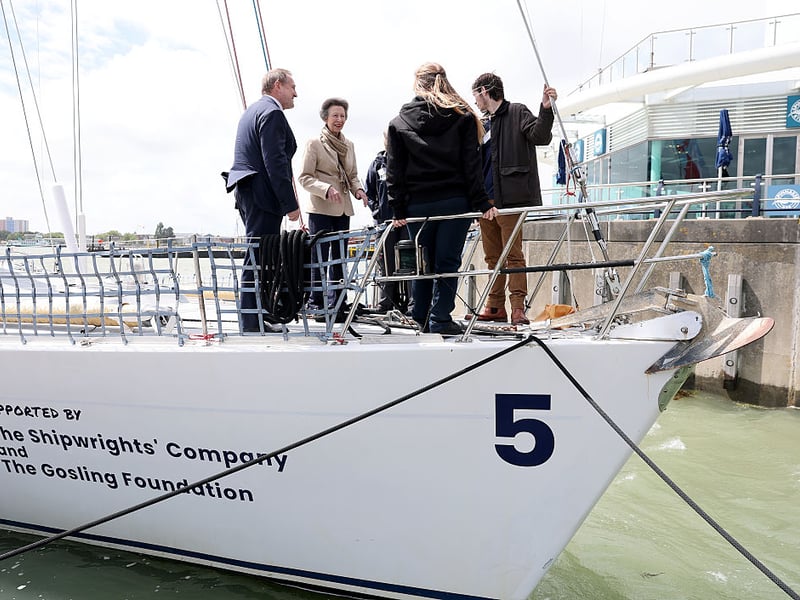 Princess Anne, Princess Royal chats to young crew during a visit to Tall Ships Youth Trust at Gunwharf Quays Marina on June 04, 2026 in Portsmouth. (Photo by Chris Jackson/Getty Images for Tall Ships Youth Trust)