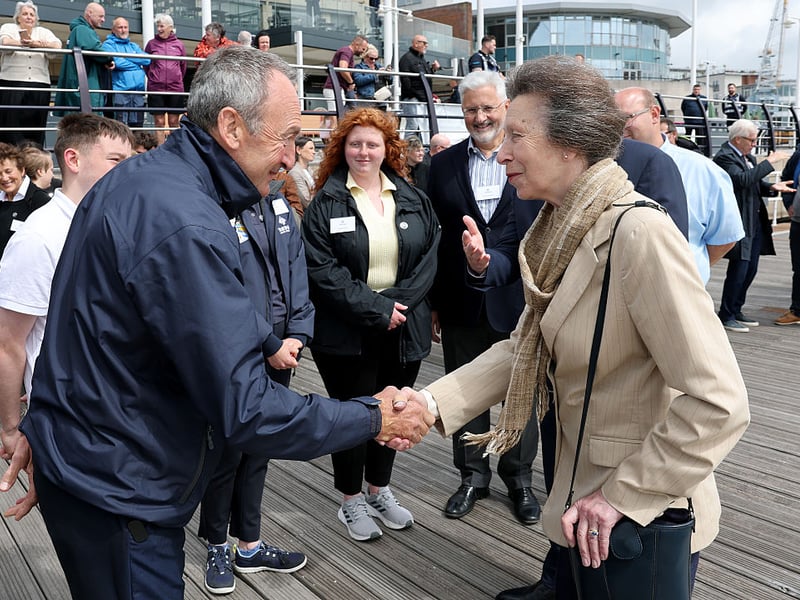 Princess Anne, Princess Royal chats to young crew during a visit to Tall Ships Youth Trust at Gunwharf Quays Marina on June 04, 2026 in Portsmouth. (Photo by Chris Jackson/Getty Images for Tall Ships Youth Trust)