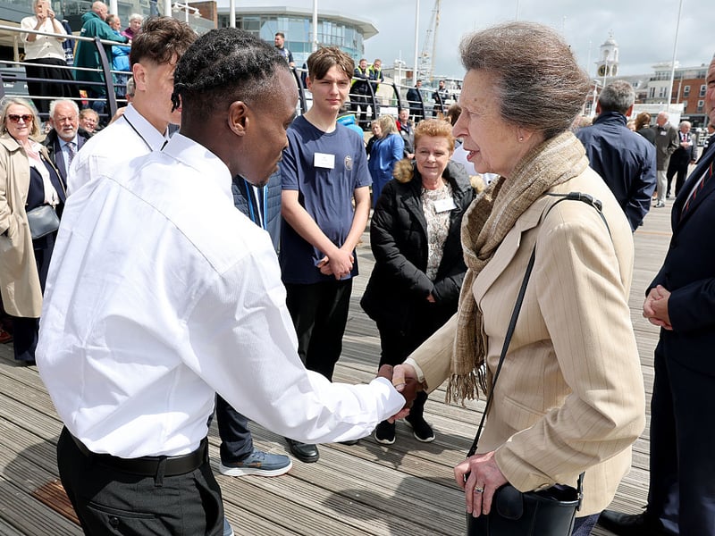 Princess Anne, Princess Royal chats to young crew during a visit to Tall Ships Youth Trust at Gunwharf Quays Marina on June 04, 2026 in Portsmouth. (Photo by Chris Jackson/Getty Images for Tall Ships Youth Trust)