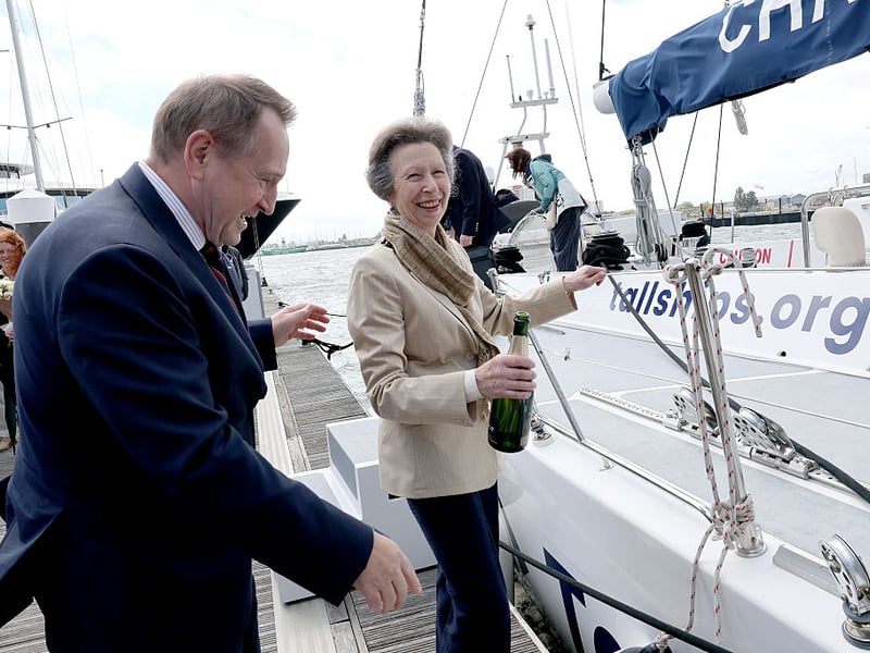 Princess Anne, Princess Royal prepares to pour Champagne on the Challenger 5 yacht with CEO Alastair Floyd during a visit to Tall Ships Youth Trust at Gunwharf Quays Marina on June 04, 2026 in Portsmouth. (Photo by Chris Jackson/Getty Images for Tall Ships Youth Trust)