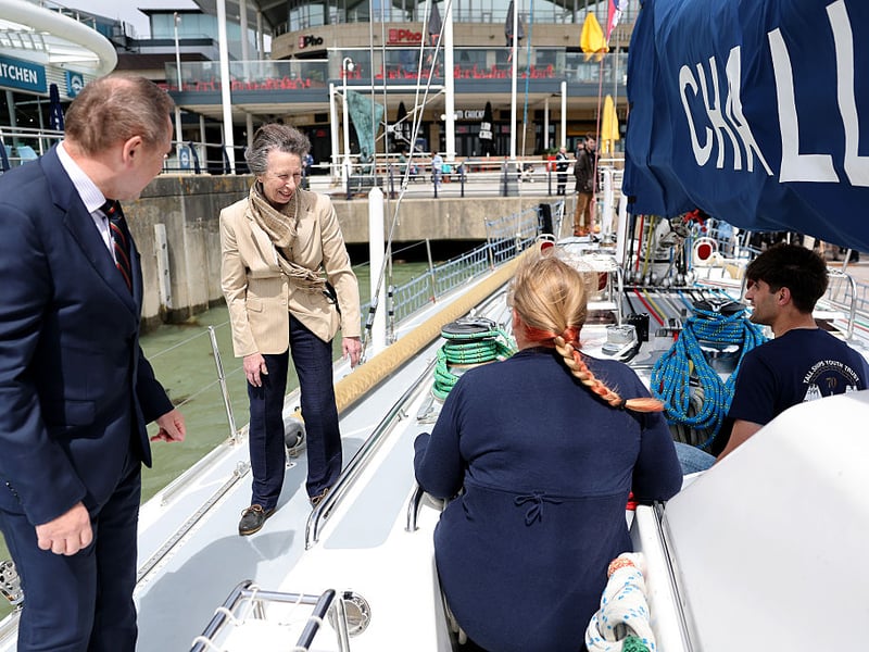 Princess Anne, Princess Royal chats to young crew during a visit to Tall Ships Youth Trust at Gunwharf Quays Marina on June 04, 2026 in Portsmouth. (Photo by Chris Jackson/Getty Images for Tall Ships Youth Trust)