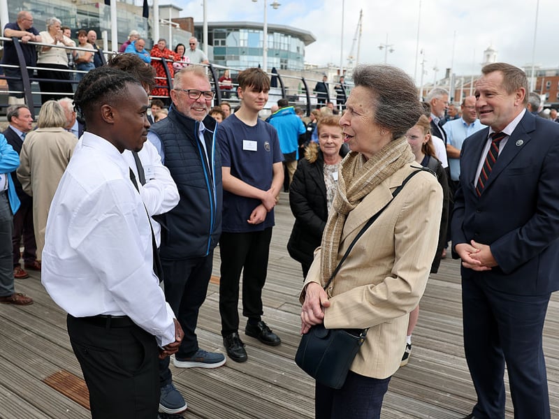 Princess Anne, Princess Royal chats to young crew during a visit to Tall Ships Youth Trust at Gunwharf Quays Marina on June 04, 2026 in Portsmouth. (Photo by Chris Jackson/Getty Images for Tall Ships Youth Trust)
