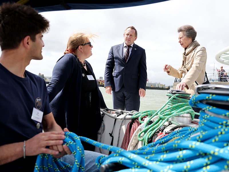Princess Anne, Princess Royal chats to young crew during a visit to Tall Ships Youth Trust at Gunwharf Quays Marina on June 04, 2026 in Portsmouth. (Photo by Chris Jackson/Getty Images for Tall Ships Youth Trust)