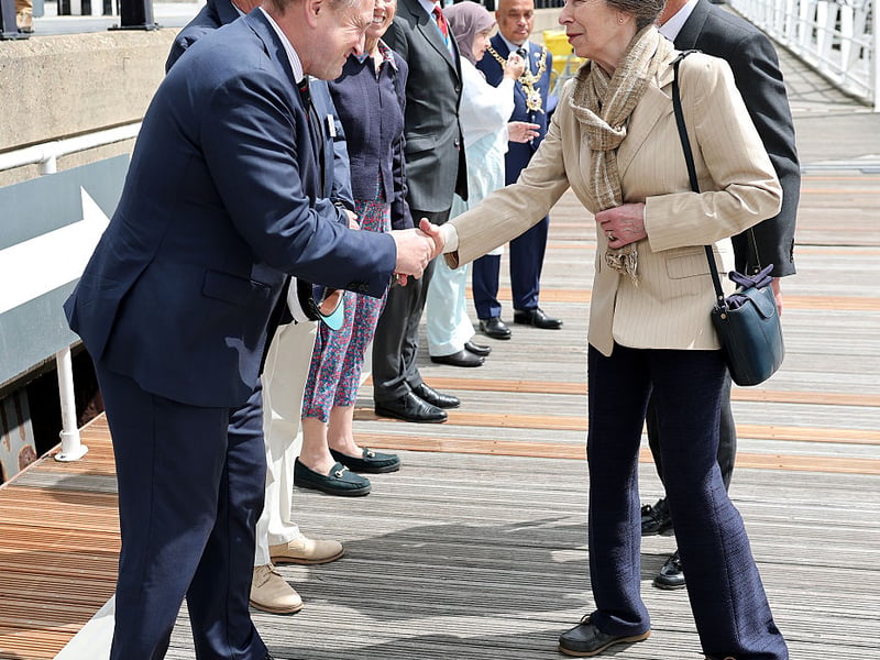 Princess Anne, Princess Royal chats with CEO Alastair Floyd during a visit to Tall Ships Youth Trust at Gunwharf Quays Marina on June 04, 2026 in Portsmouth. (Photo by Chris Jackson/Getty Images for Tall Ships Youth Trust)