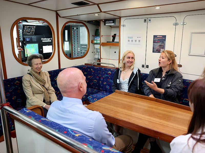 Princess Anne, Princess Royal chats to young crew during a visit to Tall Ships Youth Trust at Gunwharf Quays Marina on June 04, 2026 in Portsmouth. (Photo by Chris Jackson/Getty Images for Tall Ships Youth Trust)