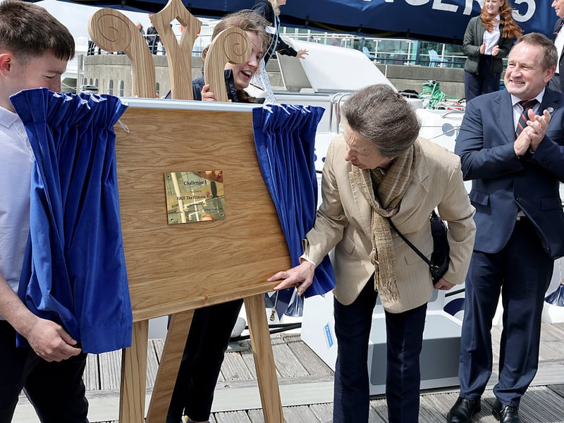 Princess Anne, Princess Royal unveils a plaque during a visit to Tall Ships Youth Trust at Gunwharf Quays Marina on June 04, 2026 in Portsmouth. (Photo by Chris Jackson/Getty Images for Tall Ships Youth Trust)