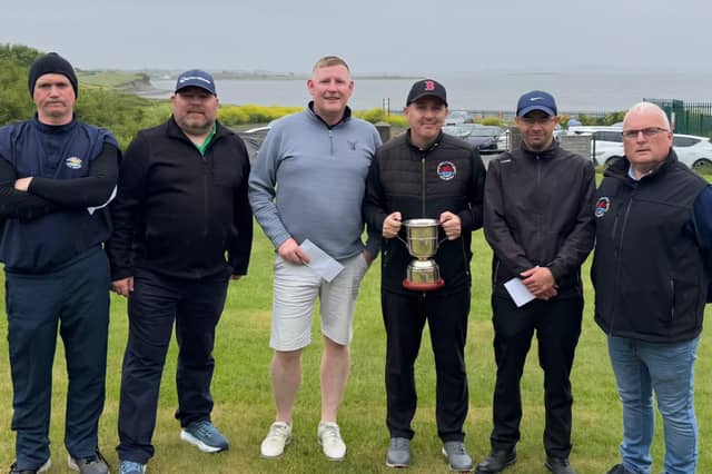 Pictured at the Galway masters Pitch & Putt competition at the Mellows club in Renmore were, from left: James Flemming (final 18), Frank Naughton (intermediate winner), James McLoughlin (2nd overall), Dave O'Connell (overall winner), Kevin Walsh (3rd overall), and Terry Lee (junior winner).