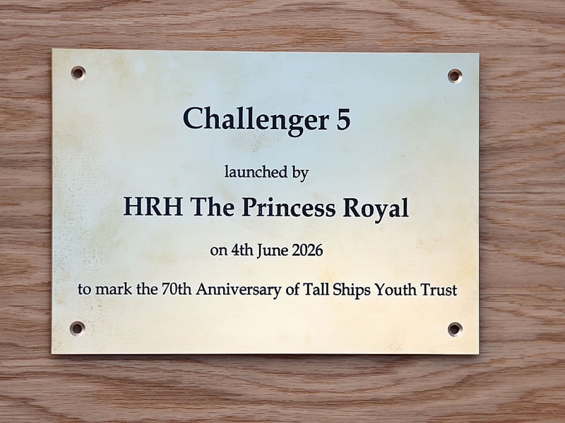 The plaque unveiled by Princess Anne, Princess Royal during a visit to Tall Ships Youth Trust at Gunwharf Quays Marina on June 04, 2026 in Portsmouth. (Photo by Chris Jackson/Getty Images for Tall Ships Youth Trust)