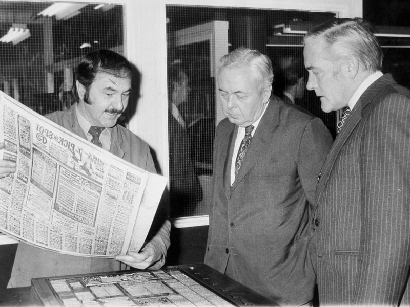 Sir Harold Wilson is shown a page being made ready for the presses by Tony Laycock from the stereo department on a visit to the YEP in  January 1977.