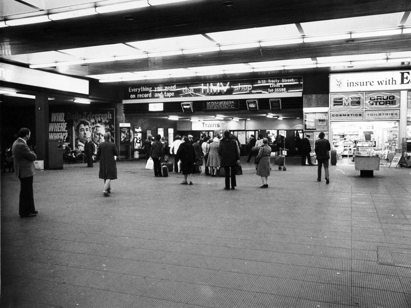 Shops at Leeds City Station in April 1980, including HMV