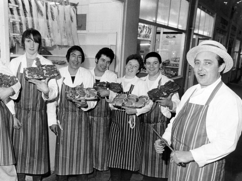 Trevor Middleton, of Middleton Hargreaves butchers, pictured at Leeds Market on February 2, 1983, with staff members Carl Hilton, Brian Longbottom, Christopher Farmer, Roy Marsden, Colin Clark, Jackie Morgan and Graham Wray. He cut prices 'to the bone', thinking his shops might be closed due to storm damage.