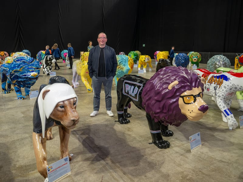 In this image alone are lions in the image of three Sheffield artists and bands, with Self Esteem's 'A Complicated Lioness' left, a Jarvis Cocker-esque lion for Pulp in the middle, and a rocking Def Leopard on the right.