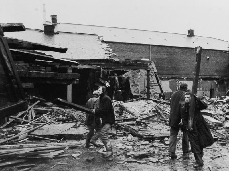Demolition workers remove the remains of the ballroom of the Capital at Meanwood, Leeds, in January 1980