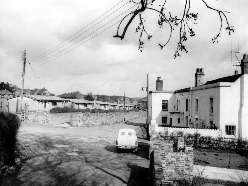 Station Road, Madeley, showing rows of post-war pre-fabs in March 1963.