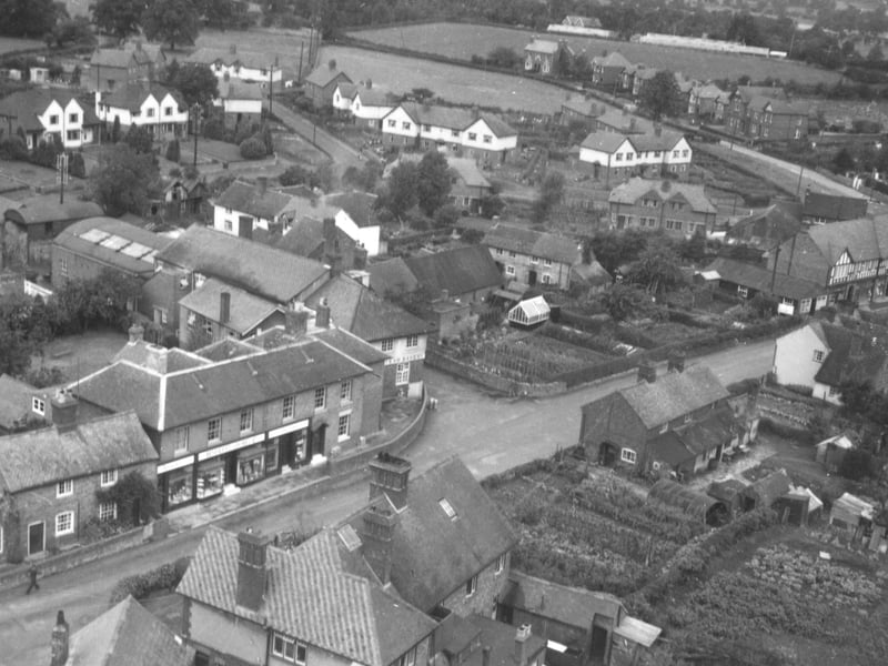 An undated panoramic view of Pontesbury, probably from the church tower, showing the village spread out beneath, taken by A Wilson.