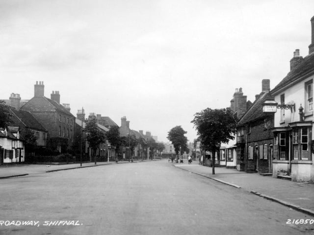 A 1934 Valentine’s postcard of Broadway, Shifnal, showing a bustling street scene with the Crown Inn on the right, postmarked September 14, 1934.