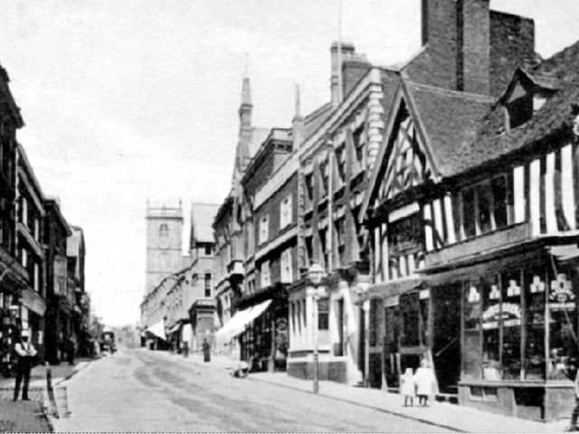 Whitchurch High Street facing St Alkmund's Church pictured in 1908.