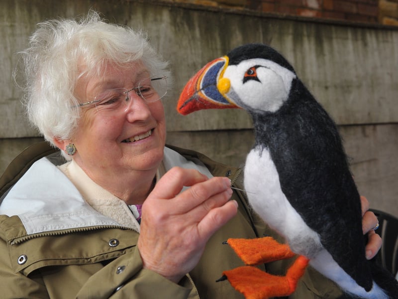 Sue Morgan, from Lealholme, of The International Felt Makers Association putting the finishing touches to her puffin.