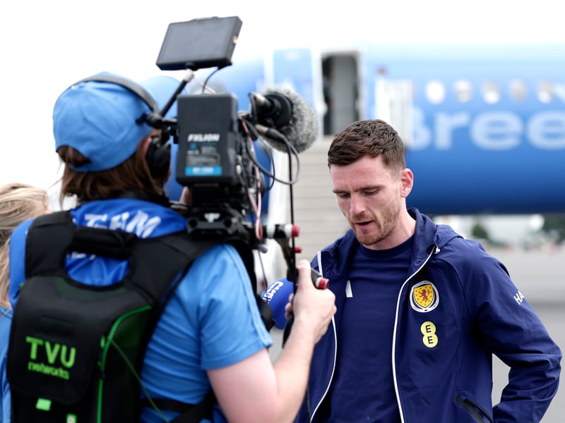 Andrew Robertson being interviewed about the FIFA World Cup 2026 at Charlotte Douglas International Airport on June 7, 2026.