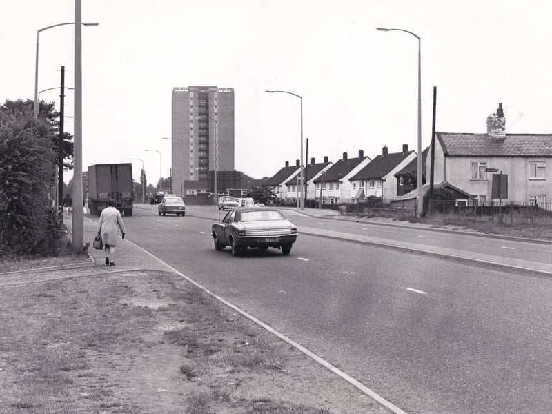 The A64 pictured in July 1974 with Sherburn Court in the background.