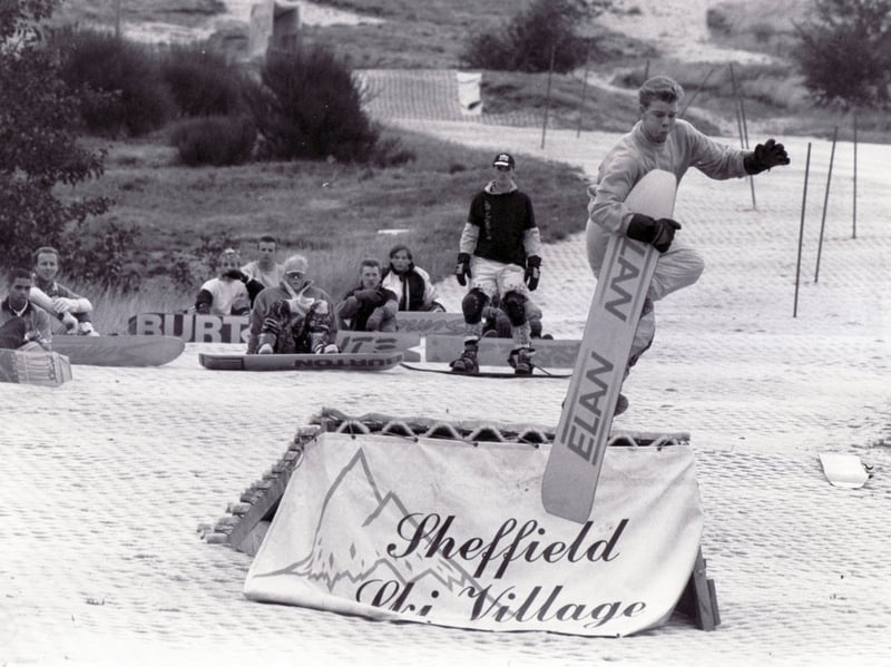 A competitor takes to the air at the first ever National Snowboarding Championships, at Sheffield Ski Village, in September 1989