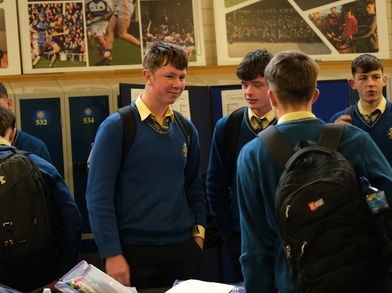 CBS Thurles students discuss the maths paper in the school's assembly hall