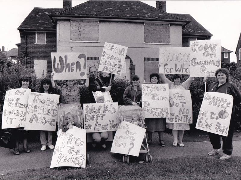 July 1988 and members of St Wilfrid's Residents Association demonstrate outside the block of former council flats in St Wilfrid's Avenue.