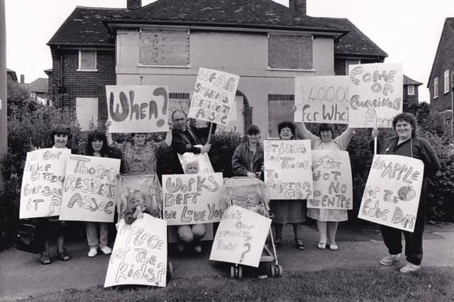 July 1988 and members of St Wilfrid's Residents Association demonstrate outside the block of former council flats in St Wilfrid's Avenue.
