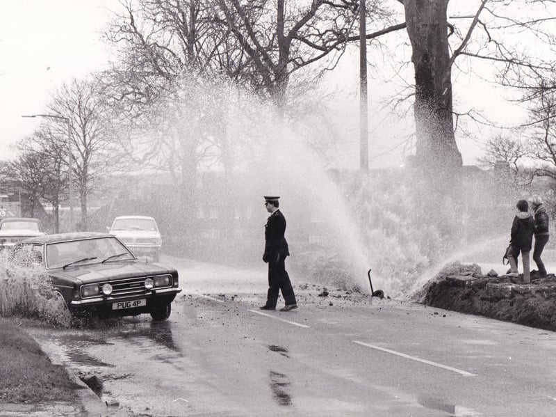 Traffic was held up and gardens were flooded by a 40ft fountain when a water main burst on Foundry Lane in March 1983.