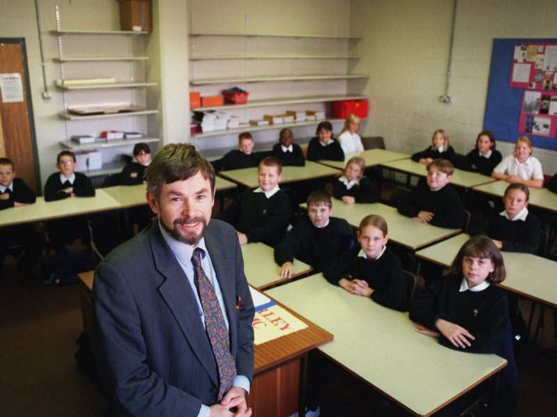 Martin Spoor, the new headteacher at Agnes Stewart School, Leeds, pictured with some of his pupils, in 1999