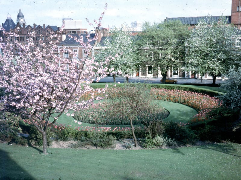 This springtime view of Woodhouse Square was taken from a window of number 2 Claremont Avenue. The view looks left across the Inner Ring Road and Great George Street. The conical tower far left and red brick building belongs to the former Centaur Clothing Factory.