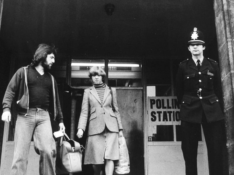 A policeman on duty outside Royal Park Middle School polling station in May 1978.