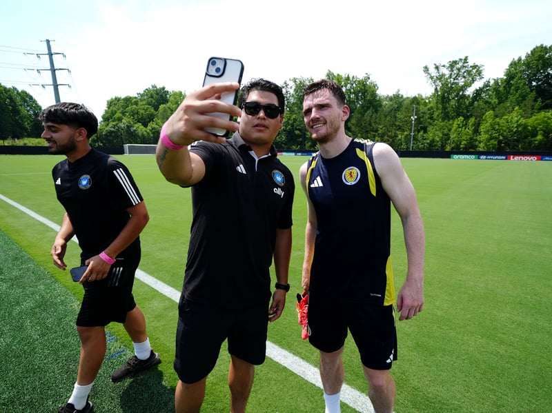 Scotland's Andy Robertson poses for photos during a training session at the Atrium Health Training Ground in Charlotte, North Carolina.