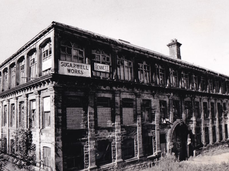The Sugarwell Works, a Grade II listed building, overlooking the Meanwood Beck and the Meanwood Urban Farm, had lain derelict for a number of years when this photo was taken in November 1989.