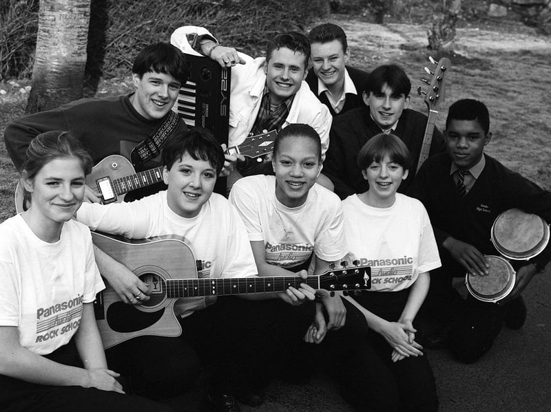 Intake High School band called K3, with Angela Griffin, who plays Fiona Middleton in Coronation Street, in the middle of the front row, in January 1992