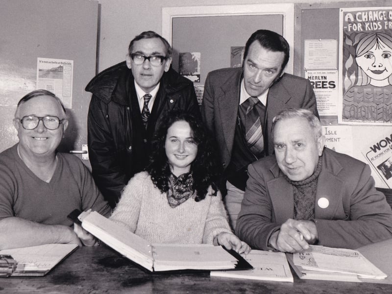 Officials of the Belle Isle Winter Aid Campaign pictured in October 1986. Fron left, are Doug Sissons (community worker), Angus Newton (committee member of Broom Tenants' Association), student  Claire Stevens, Christopher Ward (secretary of the East Grange Association for Tenants) and Fred Foster (treasurer of the East Grange Association for Tenants).